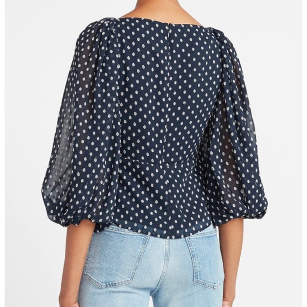 EXPRESS Navy Clip Dot Sweetheart Neckline Balloon Sleeve Blouse Top Sz S - Picture 2 of 11